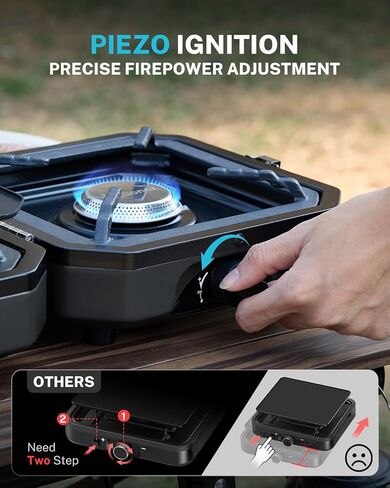 Gonex Camping Stove Propane, 2 Burner Portable Camp Stoves for Camping | 16,000 BTU, Two Piezo Ignition Adjustable Burners, Teflon Coated Griddle, Cast-iron Grates, Patio, Emergency, Hiking Use in Kuwait