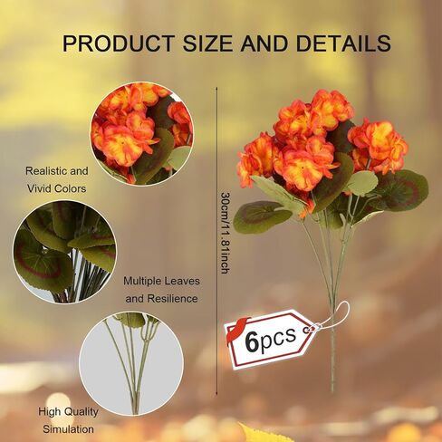 6 Bundles Fall Flowers Artificial for Decoration, Fake Geraniums Artificial Flowers Realistic Autumn Decor , Faux Plants Outdoor UV Resistant Fall Decorations for Home Garden Porch(Autumn yellow) in Saudi Arabia