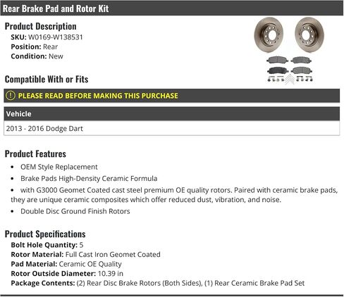 Rear Ceramic Brake Pad and Rotor Kit - Compatible with 2013-2016 Dodge Dart in Saudi Arabia