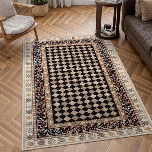 Wonnitar Washable 3x5 Checkered Kitchen Rug, Black and Brown Trellis Rugs for Bedroom, Stain Resistant Non Slip Funky Carpet Throw Rugs for Bathroom Entryway Laundry Living Room Home Decor(Black,3x5) in Saudi Arabia