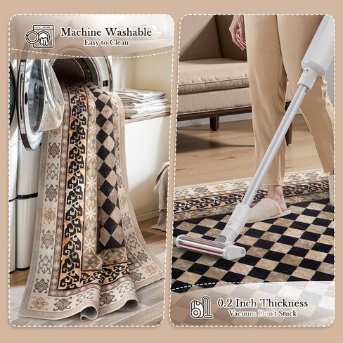 Wonnitar Washable 3x5 Checkered Kitchen Rug, Black and Brown Trellis Rugs for Bedroom, Stain Resistant Non Slip Funky Carpet Throw Rugs for Bathroom Entryway Laundry Living Room Home Decor(Black,3x5) in Saudi Arabia