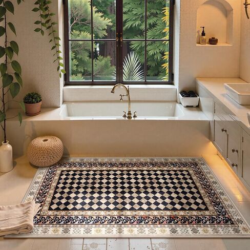 Wonnitar Washable 3x5 Checkered Kitchen Rug, Black and Brown Trellis Rugs for Bedroom, Stain Resistant Non Slip Funky Carpet Throw Rugs for Bathroom Entryway Laundry Living Room Home Decor(Black,3x5) in Saudi Arabia