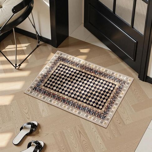 Wonnitar Washable 3x5 Checkered Kitchen Rug, Black and Brown Trellis Rugs for Bedroom, Stain Resistant Non Slip Funky Carpet Throw Rugs for Bathroom Entryway Laundry Living Room Home Decor(Black,3x5) in Saudi Arabia