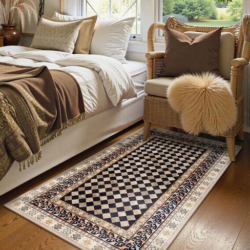 Wonnitar Washable 3x5 Checkered Kitchen Rug, Black and Brown Trellis Rugs for Bedroom, Stain Resistant Non Slip Funky Carpet Throw Rugs for Bathroom Entryway Laundry Living Room Home Decor(Black,3x5) in Saudi Arabia