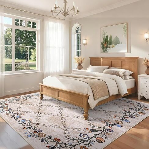 GarveeHome 5x7 Washable Floral Area Rugs for Living Room: Modern Floral Non Slip Large Area Rugs for Bedroom, Large Machine Washable Living Room Low Pile Carpet with Non-Slip Backing Beige 5'x7'. in Saudi Arabia