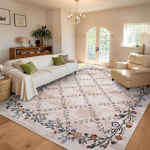 GarveeHome 5x7 Washable Floral Area Rugs for Living Room: Modern Floral Non Slip Large Area Rugs for Bedroom, Large Machine Washable Living Room Low Pile Carpet with Non-Slip Backing Beige 5'x7'. in Saudi Arabia