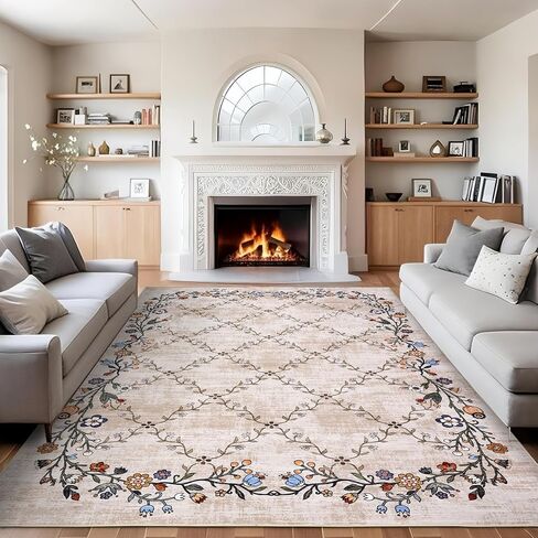 GarveeHome 5x7 Washable Floral Area Rugs for Living Room: Modern Floral Non Slip Large Area Rugs for Bedroom, Large Machine Washable Living Room Low Pile Carpet with Non-Slip Backing Beige 5'x7'. in Saudi Arabia