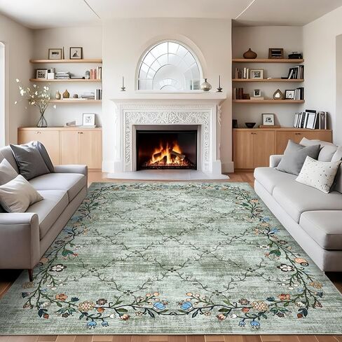 GarveeHome 5x7 Washable Floral Area Rugs for Living Room: Modern Floral Non Slip Large Area Rugs for Bedroom, Large Machine Washable Living Room Low Pile Carpet with Non-Slip Backing Beige 5'x7'. in Saudi Arabia