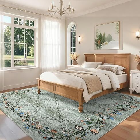 GarveeHome 5x7 Washable Floral Area Rugs for Living Room: Modern Floral Non Slip Large Area Rugs for Bedroom, Large Machine Washable Living Room Low Pile Carpet with Non-Slip Backing Beige 5'x7'. in Saudi Arabia