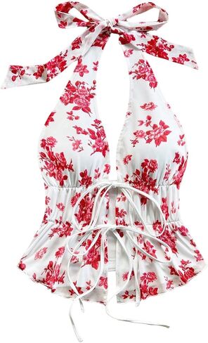 MakeMeChic Women's Floral Print Halter Top Shirred Lettuce Trim Knot Front Summer Shirt in Saudi Arabia