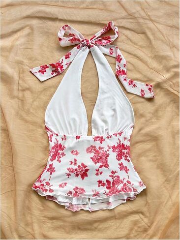 MakeMeChic Women's Floral Print Halter Top Shirred Lettuce Trim Knot Front Summer Shirt in Saudi Arabia