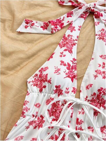 MakeMeChic Women's Floral Print Halter Top Shirred Lettuce Trim Knot Front Summer Shirt in Saudi Arabia