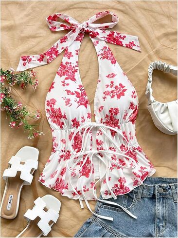 MakeMeChic Women's Floral Print Halter Top Shirred Lettuce Trim Knot Front Summer Shirt in Saudi Arabia