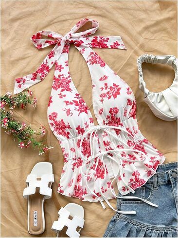 MakeMeChic Women's Floral Print Halter Top Shirred Lettuce Trim Knot Front Summer Shirt in Saudi Arabia