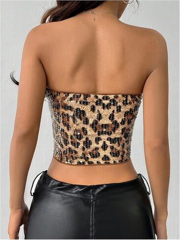 SOLY HUX Women's Leopard Print Sequin Tube Top Strapless Sleeveless Y2k Bandeau Crop Tops in Saudi Arabia