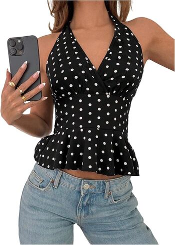 MakeMeChic Women's Polka Dots Halter Tops V Neck Tie Back Wrap Shirt Sleeveless Cami Top in Kuwait