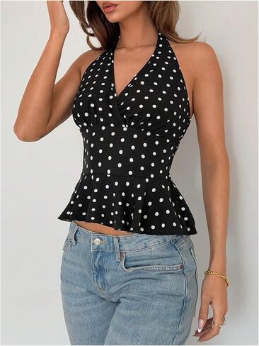 MakeMeChic Women's Polka Dots Halter Tops V Neck Tie Back Wrap Shirt Sleeveless Cami Top in Kuwait