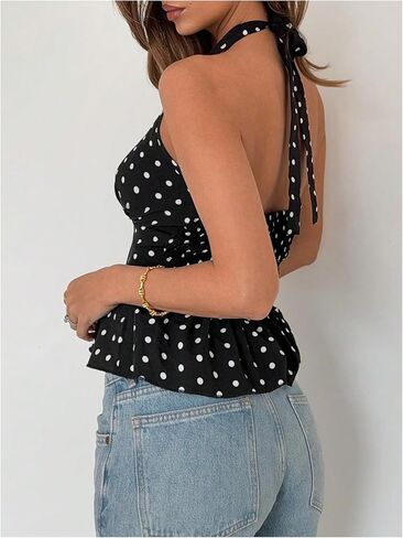 MakeMeChic Women's Polka Dots Halter Tops V Neck Tie Back Wrap Shirt Sleeveless Cami Top in Kuwait