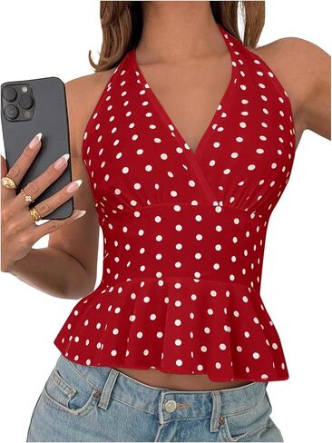 MakeMeChic Women's Polka Dots Halter Tops V Neck Tie Back Wrap Shirt Sleeveless Cami Top in Kuwait