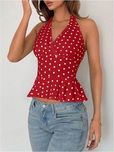 MakeMeChic Women's Polka Dots Halter Tops V Neck Tie Back Wrap Shirt Sleeveless Cami Top in Kuwait