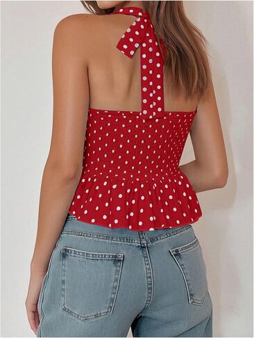 MakeMeChic Women's Polka Dots Halter Tops V Neck Tie Back Wrap Shirt Sleeveless Cami Top in Kuwait
