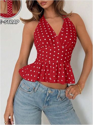 MakeMeChic Women's Polka Dots Halter Tops V Neck Tie Back Wrap Shirt Sleeveless Cami Top in Kuwait