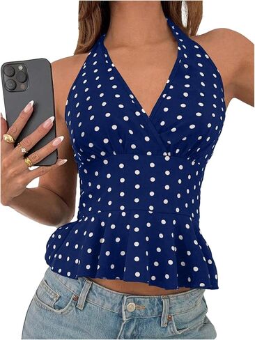 MakeMeChic Women's Polka Dots Halter Tops V Neck Tie Back Wrap Shirt Sleeveless Cami Top in Kuwait
