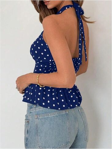 MakeMeChic Women's Polka Dots Halter Tops V Neck Tie Back Wrap Shirt Sleeveless Cami Top in Kuwait