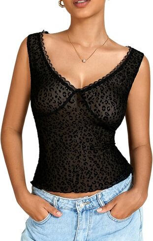 Milumia Women's Leopard Print See Through Crop Tank Top V Neck Sleeveless Going Out Tops in Kuwait