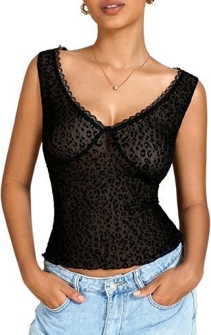 Milumia Women's Leopard Print See Through Crop Tank Top V Neck Sleeveless Going Out Tops in Kuwait