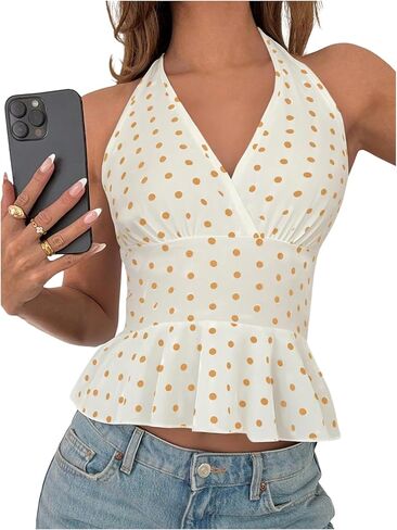 Makemechic Women's Polka Dots Halter Tops v الرقبة ربطة عنق الظهر قميص أكمام كامي كامي in Saudi Arabia