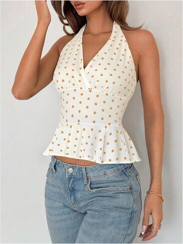 Makemechic Women's Polka Dots Halter Tops v الرقبة ربطة عنق الظهر قميص أكمام كامي كامي in Saudi Arabia