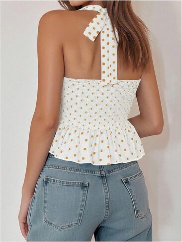 Makemechic Women's Polka Dots Halter Tops v الرقبة ربطة عنق الظهر قميص أكمام كامي كامي in Saudi Arabia