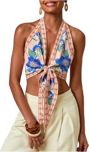 SOLY HUX Women's Floral Print Tie Front Deep V Neck Halter Crop Tops Retro Vacation Summer Vest in Saudi Arabia