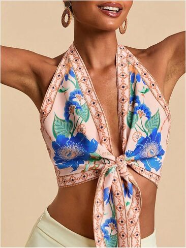 SOLY HUX Women's Floral Print Tie Front Deep V Neck Halter Crop Tops Retro Vacation Summer Vest in Saudi Arabia