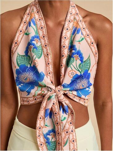 SOLY HUX Women's Floral Print Tie Front Deep V Neck Halter Crop Tops Retro Vacation Summer Vest in Saudi Arabia