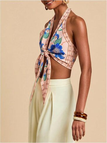 SOLY HUX Women's Floral Print Tie Front Deep V Neck Halter Crop Tops Retro Vacation Summer Vest in Saudi Arabia