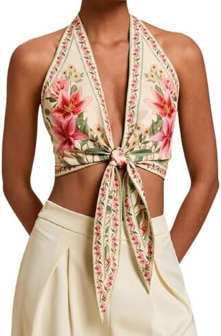 SOLY HUX Women's Floral Print Tie Front Deep V Neck Halter Crop Tops Retro Vacation Summer Vest in Saudi Arabia
