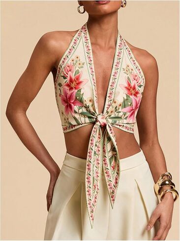 SOLY HUX Women's Floral Print Tie Front Deep V Neck Halter Crop Tops Retro Vacation Summer Vest in Saudi Arabia