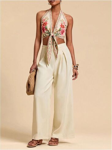 SOLY HUX Women's Floral Print Tie Front Deep V Neck Halter Crop Tops Retro Vacation Summer Vest in Saudi Arabia