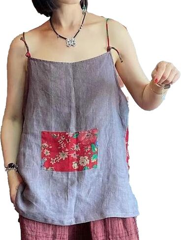 Women’s Loose Fit V-Neck Linen Spaghetti Strap Tank Top Summer Sleeveless Bohemian Printed Camisole in Saudi Arabia