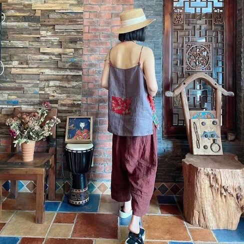 Women’s Loose Fit V-Neck Linen Spaghetti Strap Tank Top Summer Sleeveless Bohemian Printed Camisole in Saudi Arabia