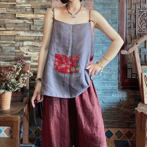 Women’s Loose Fit V-Neck Linen Spaghetti Strap Tank Top Summer Sleeveless Bohemian Printed Camisole in Saudi Arabia