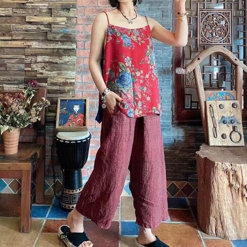Women’s Loose Fit V-Neck Linen Spaghetti Strap Tank Top Summer Sleeveless Bohemian Printed Camisole in Saudi Arabia