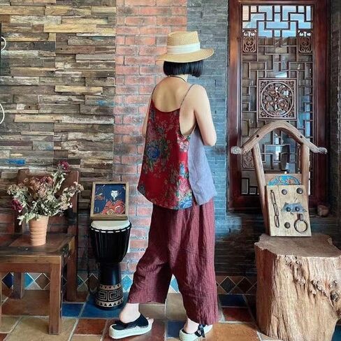 Women’s Loose Fit V-Neck Linen Spaghetti Strap Tank Top Summer Sleeveless Bohemian Printed Camisole in Saudi Arabia