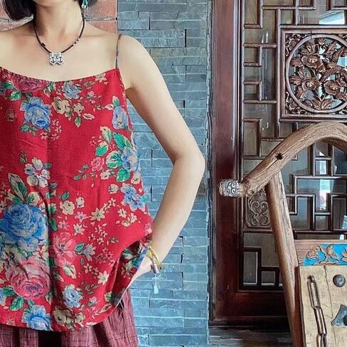 Women’s Loose Fit V-Neck Linen Spaghetti Strap Tank Top Summer Sleeveless Bohemian Printed Camisole in Saudi Arabia