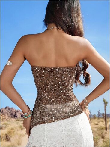 Wdirara Women's Sparkle Sequin Tube Top Broomless Tops Tops Party Rave Clubwear in Kuwait