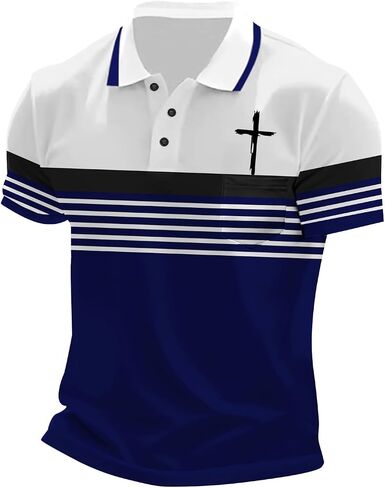 Mens Short Sleeve Polo Shirts Christian Jesus Faith Cross Striped Golf T Shirts with Pocket Button Down Work Tops in Saudi Arabia