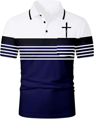 Mens Short Sleeve Polo Shirts Christian Jesus Faith Cross Striped Golf T Shirts with Pocket Button Down Work Tops in Saudi Arabia