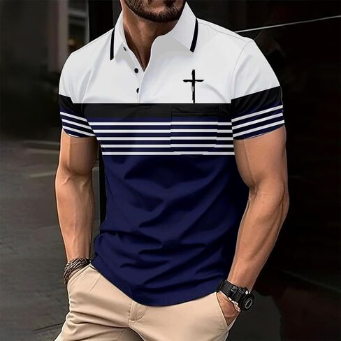Mens Short Sleeve Polo Shirts Christian Jesus Faith Cross Striped Golf T Shirts with Pocket Button Down Work Tops in Saudi Arabia